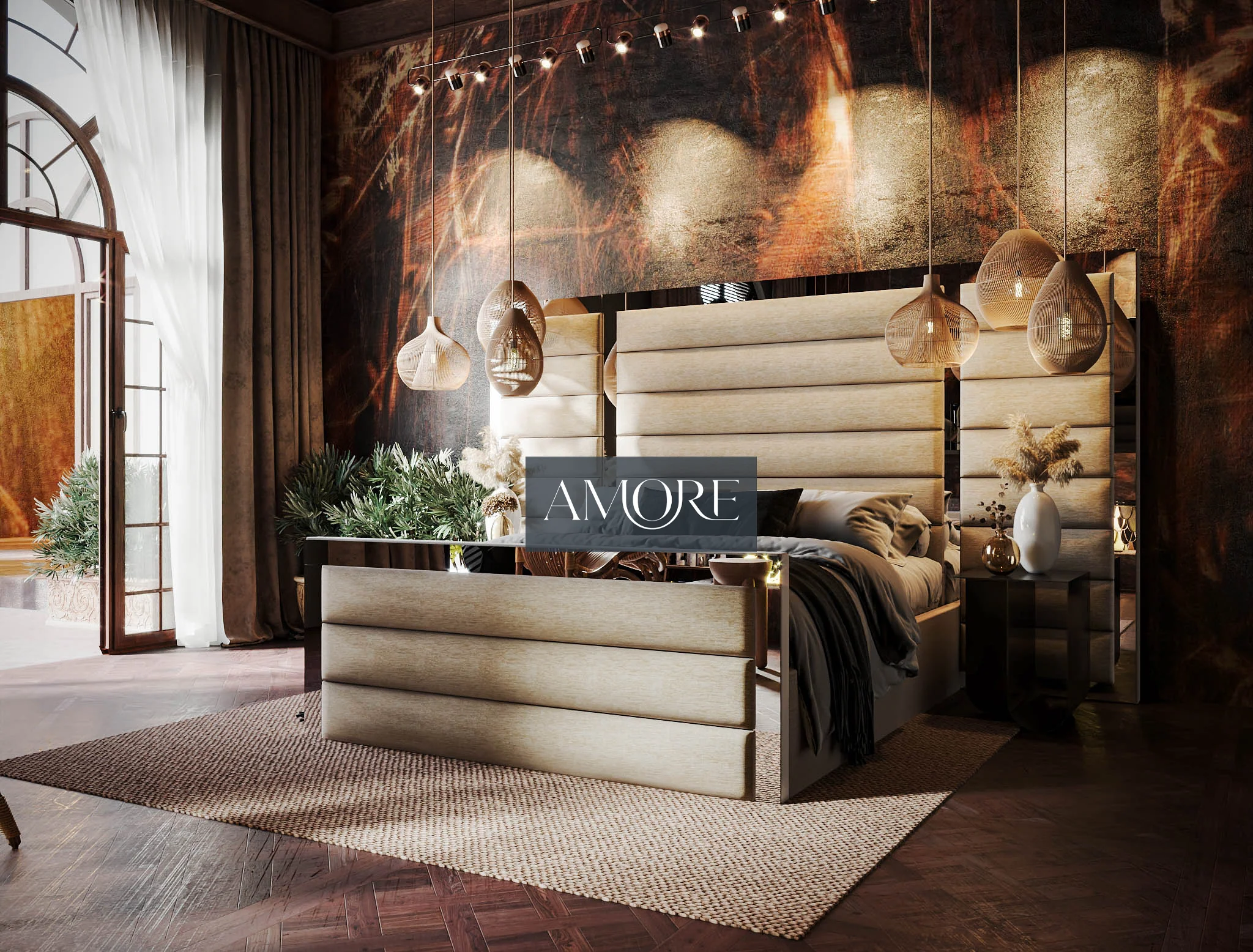 Mirrored Fabric Upholstered Beds